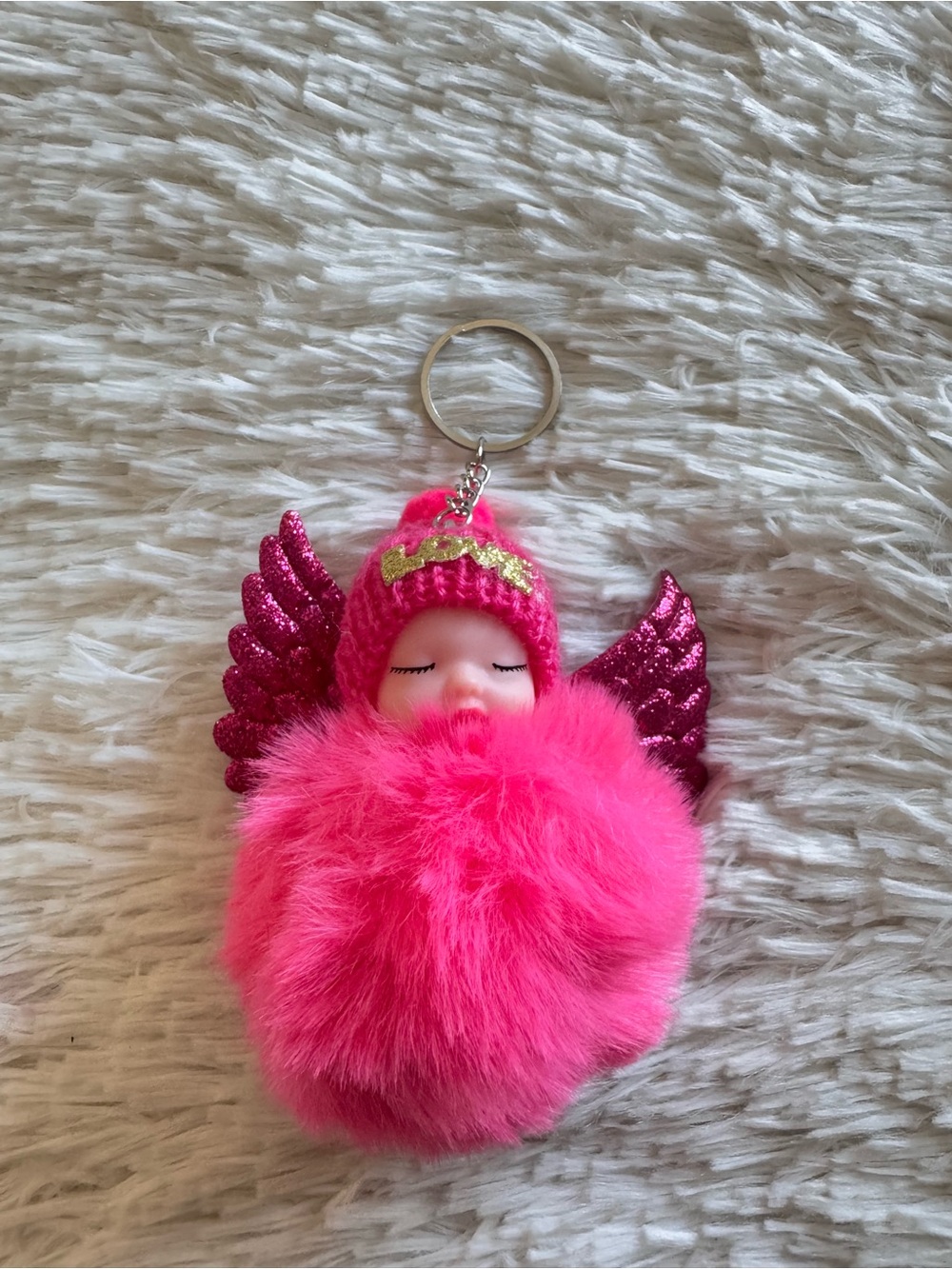 Hot Pink baby Angel Keychain with Pompom and sparkles wings